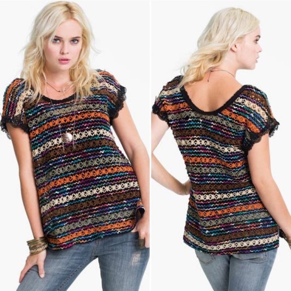 Free People New Romantics Chenille Crochet Knit Top Size XS Floral Knit Bohemian